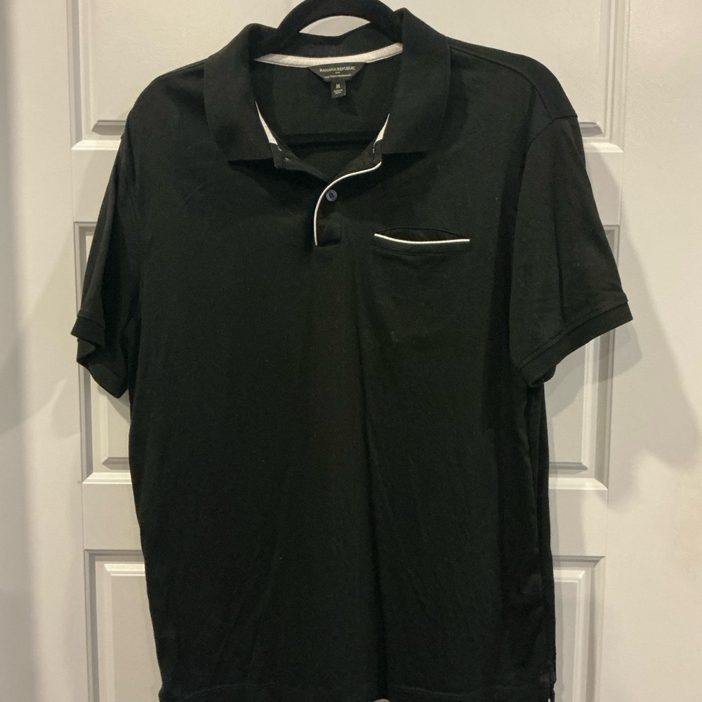 Banana Republic Factory Luxe Touch Polo | Black with White Piping | Short Sleeve